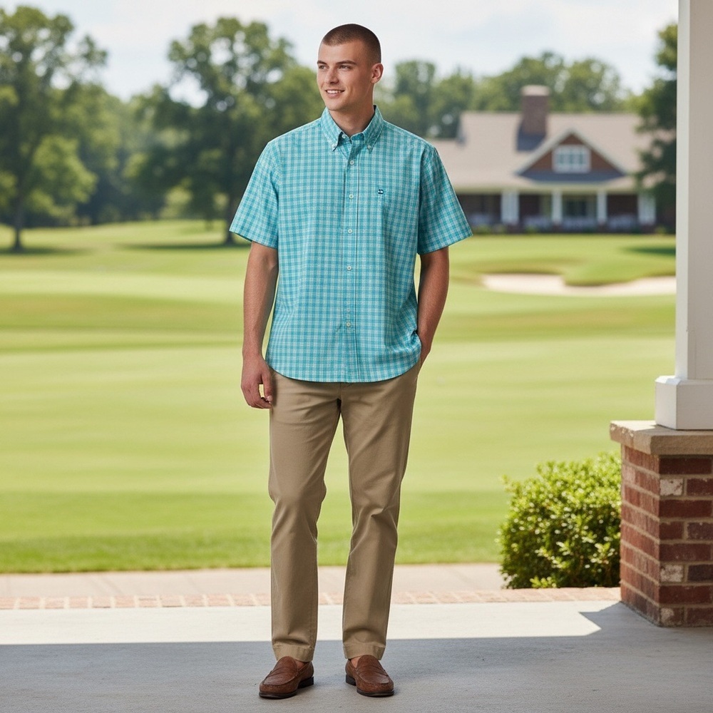 Southern Tide-Tropical Palm Button Down Shirt Classic Fit Aqua/Red Size-L EUC